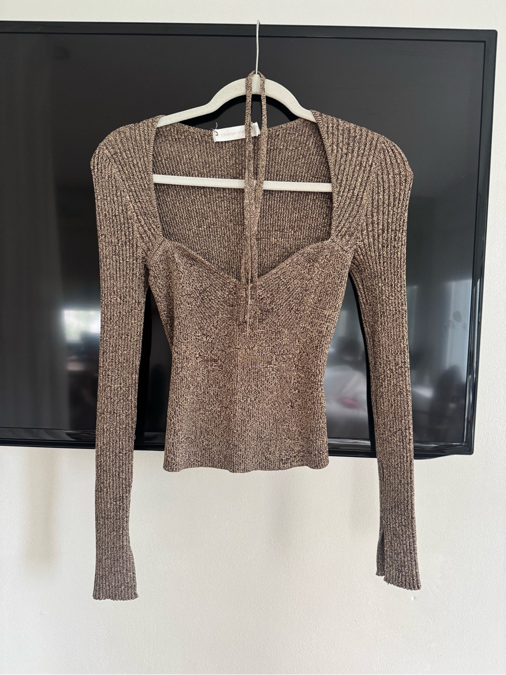 Jonathan simkhai Ribbed Tie-Neck Long Sleeve Top - Brown
